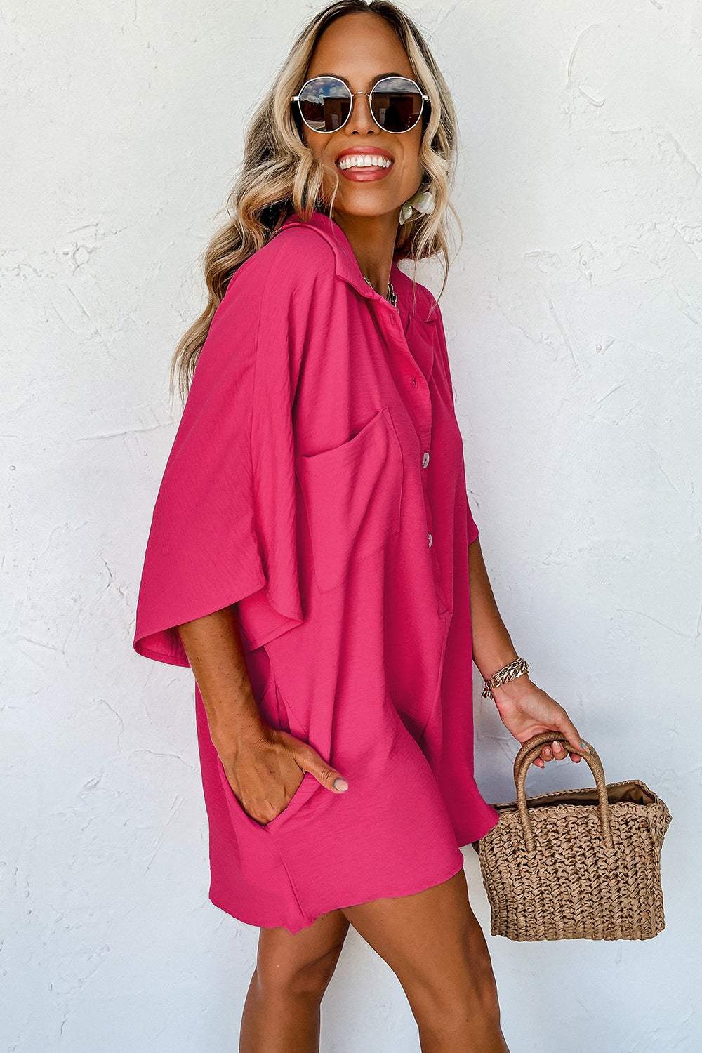 Half Button Collared Neck Romper - Trendsi - Flyclothing LLC