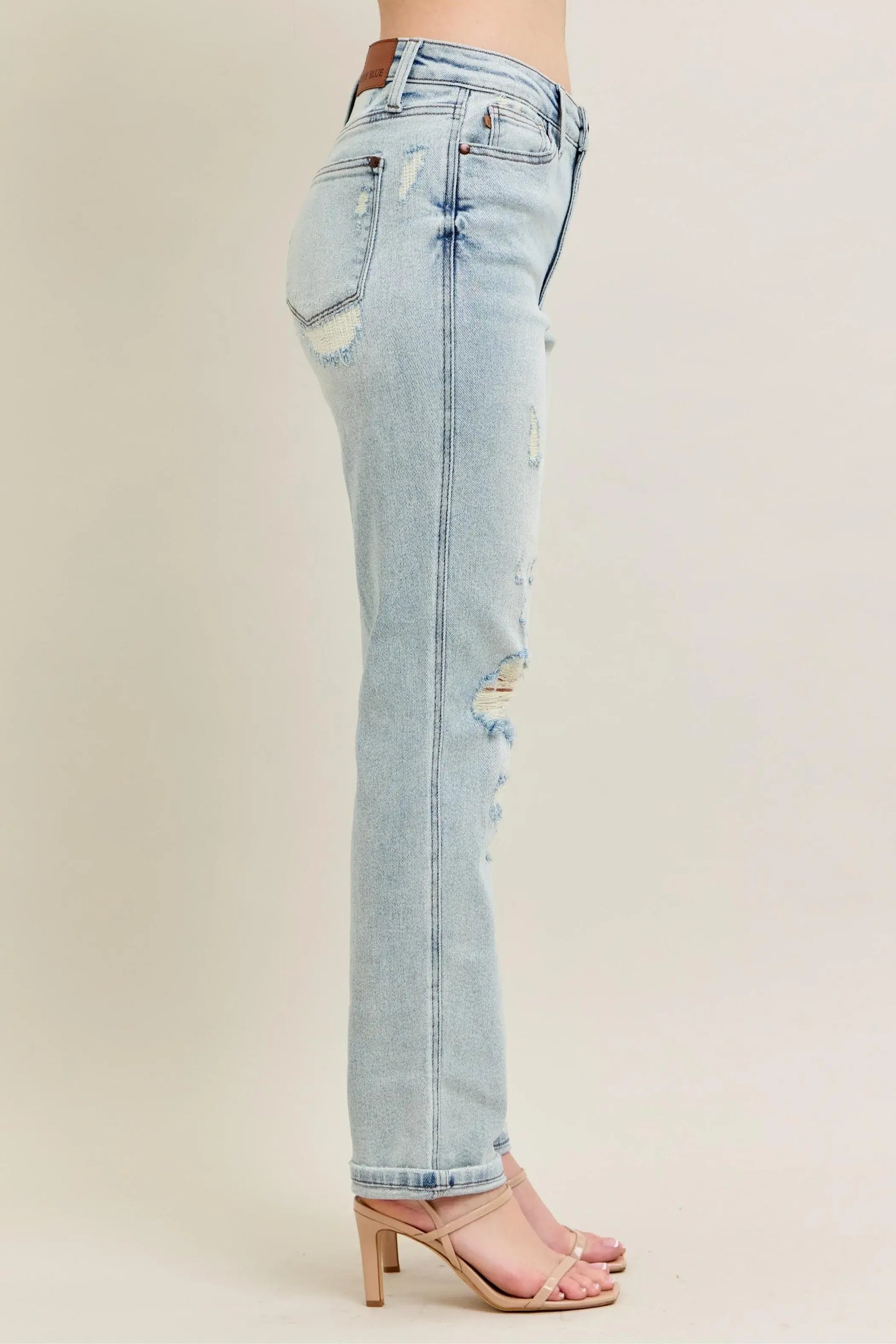 Judy Blue Full Size Mr Repair Stitch Detail Destroy Single Cuff Bf Jeans Plus Size - Trendsi - Flyclothing LLC