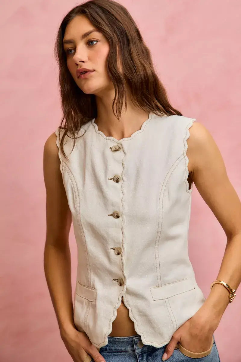 SO ME Scalloped Edge Cotton Twill Washed Vest Top - Trendsi - Flyclothing LLC