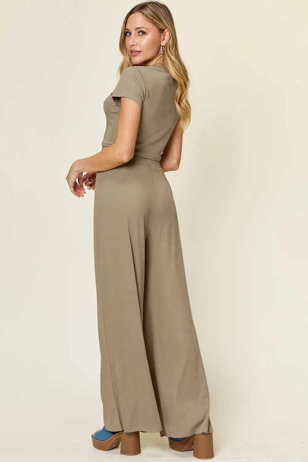 Double Take Full Size Round Neck Top and Pants Set - Trendsi - Flyclothing LLC