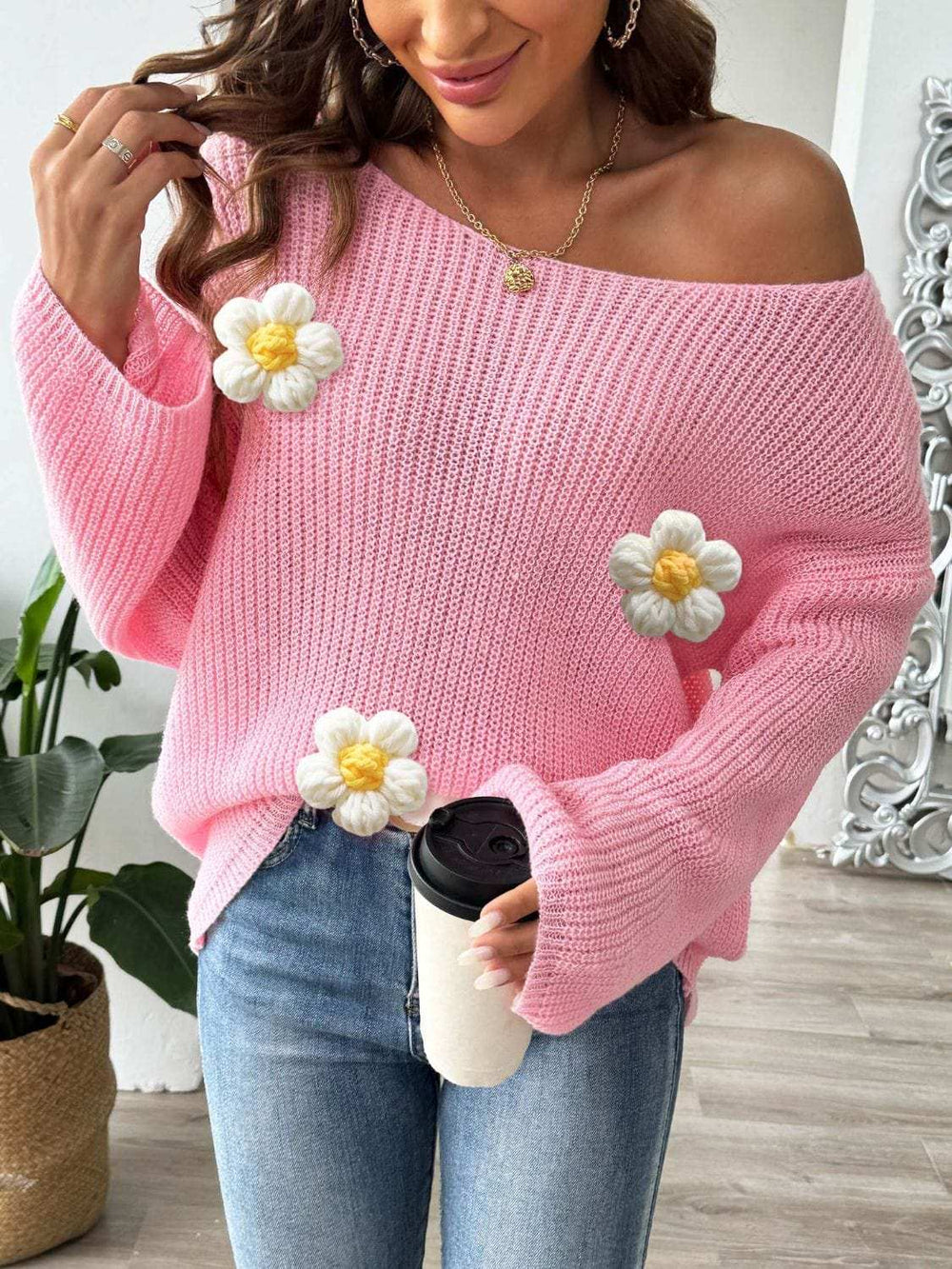 Flower Round Neck Long Sleeve Sweater - Trendsi - Flyclothing LLC
