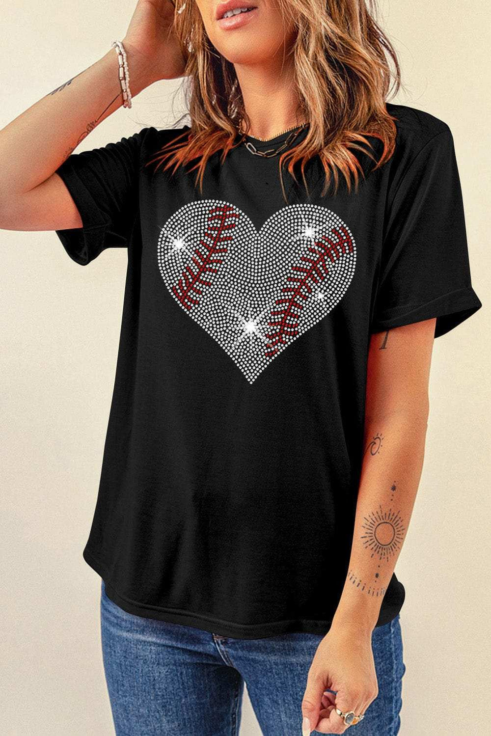 Rhinestone Heart Round Neck Short Sleeve T-Shirt - Trendsi - Flyclothing LLC