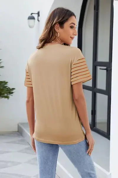 Color Block Round Neck Short Sleeve T-Shirt - Trendsi - Flyclothing LLC