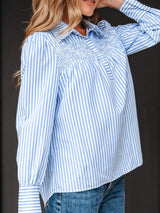 Stripe Shirred Detail Half Placket Collared Long Sleeve Shirt - Trendsi - Flyclothing LLC
