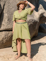 Plus Size V-Neck Half Sleeve Top and High-Low Skirt Set - Trendsi - Flyclothing LLC