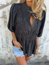 Full Size Smocked Puff Sleeve Blouse Plus Size - Trendsi - Flyclothing LLC