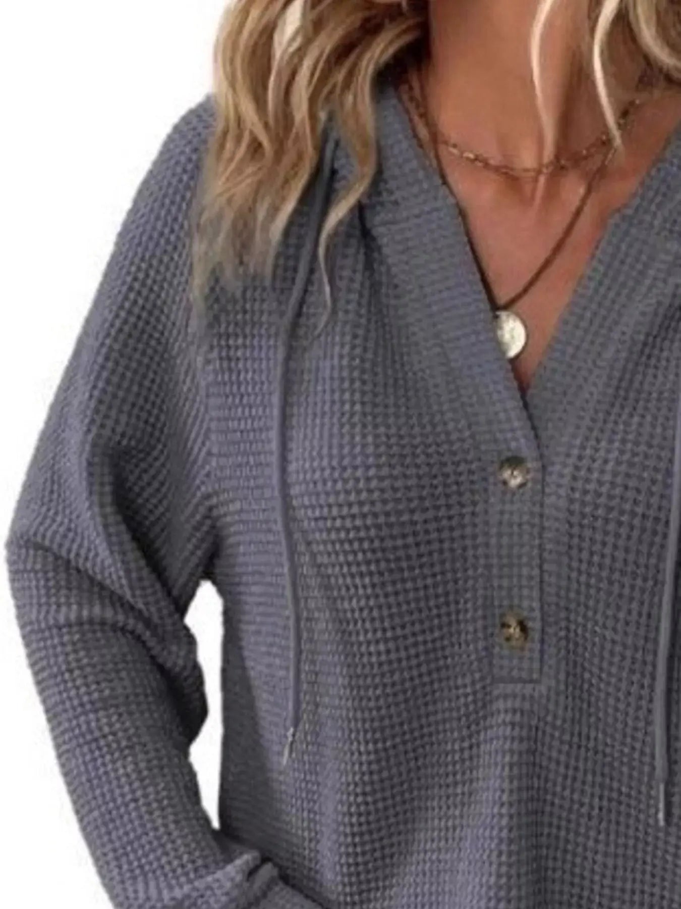 Full Size Button Detail Waffle Knit Hoodie Plus Size - Trendsi - Flyclothing LLC