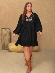 Plus Size Embroidered Tie Neck Long Sleeve Mini Dress - Trendsi