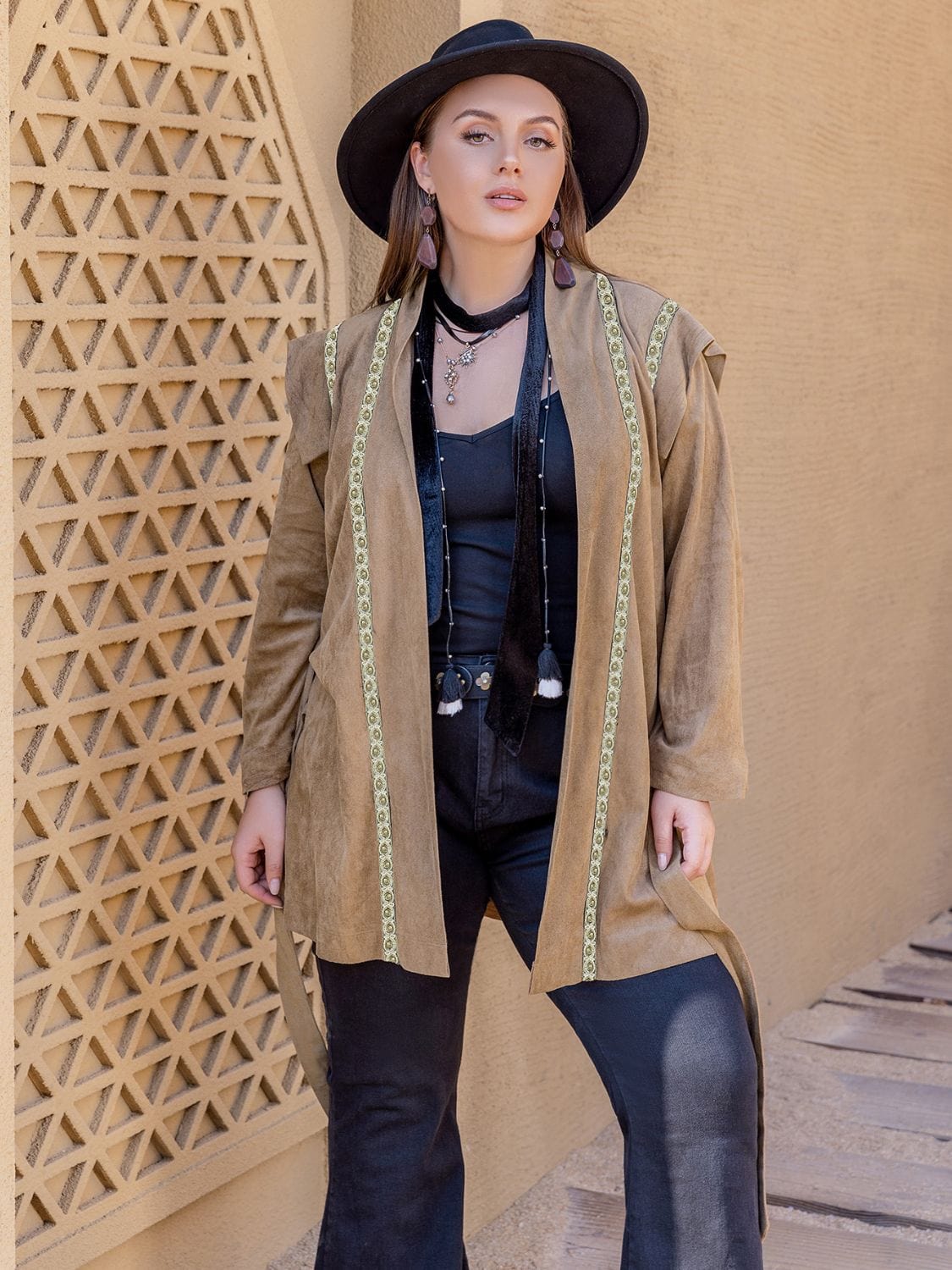 Plus Size Long Sleeve Tie Waist Cardigan - Trendsi