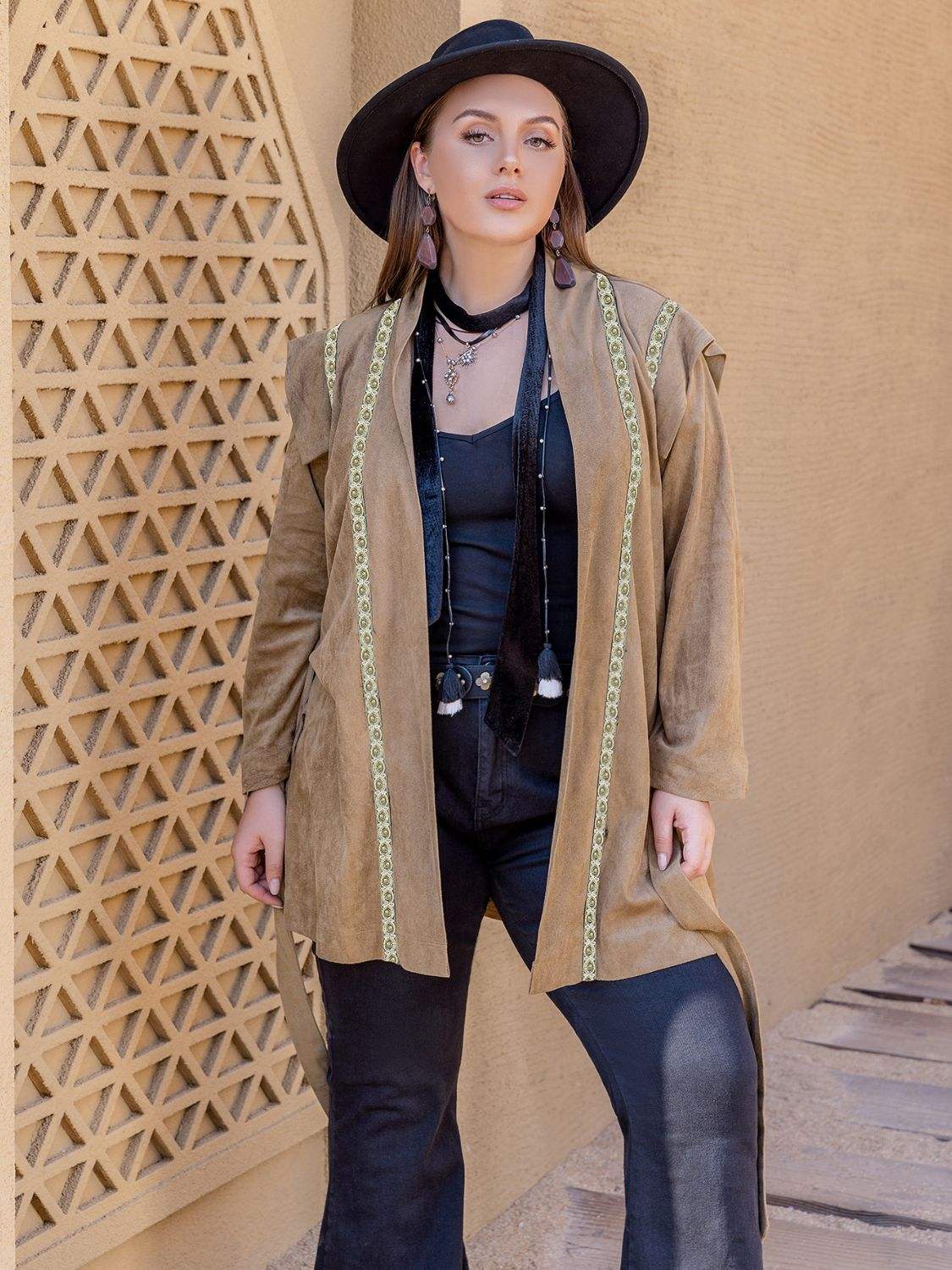 Plus Size Long Sleeve Tie Waist Cardigan - Trendsi - Flyclothing LLC