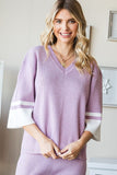First Love Contrast V Neck Ribbed Knit Top - Trendsi