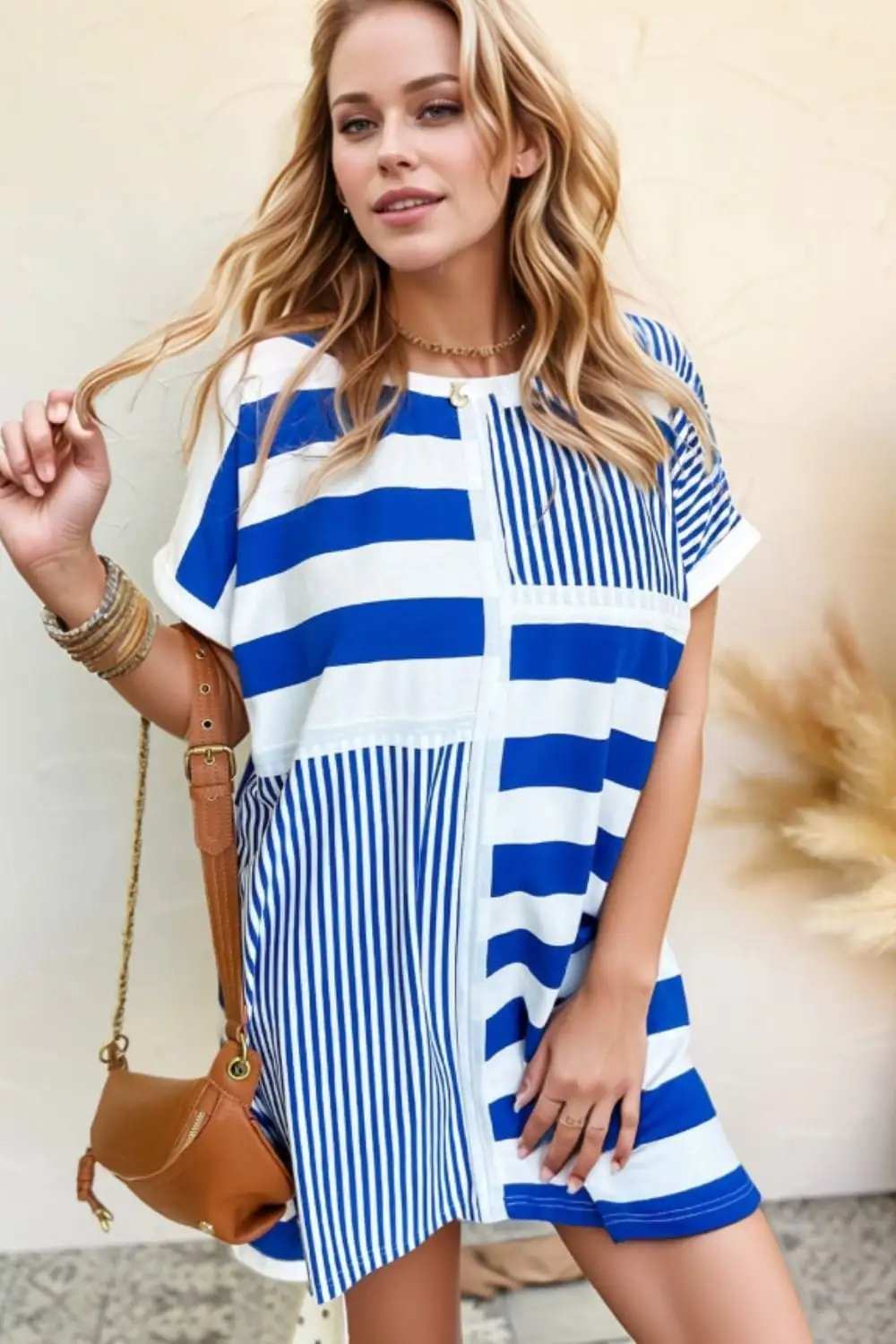 Stripe Mixed Short Sleeve Shift Mini Tee Dress - Trendsi - Flyclothing LLC