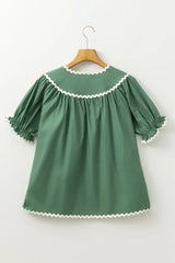 Ric Rac Trim Tie Neck Short Sleeve Blouse - Trendsi - Flyclothing LLC