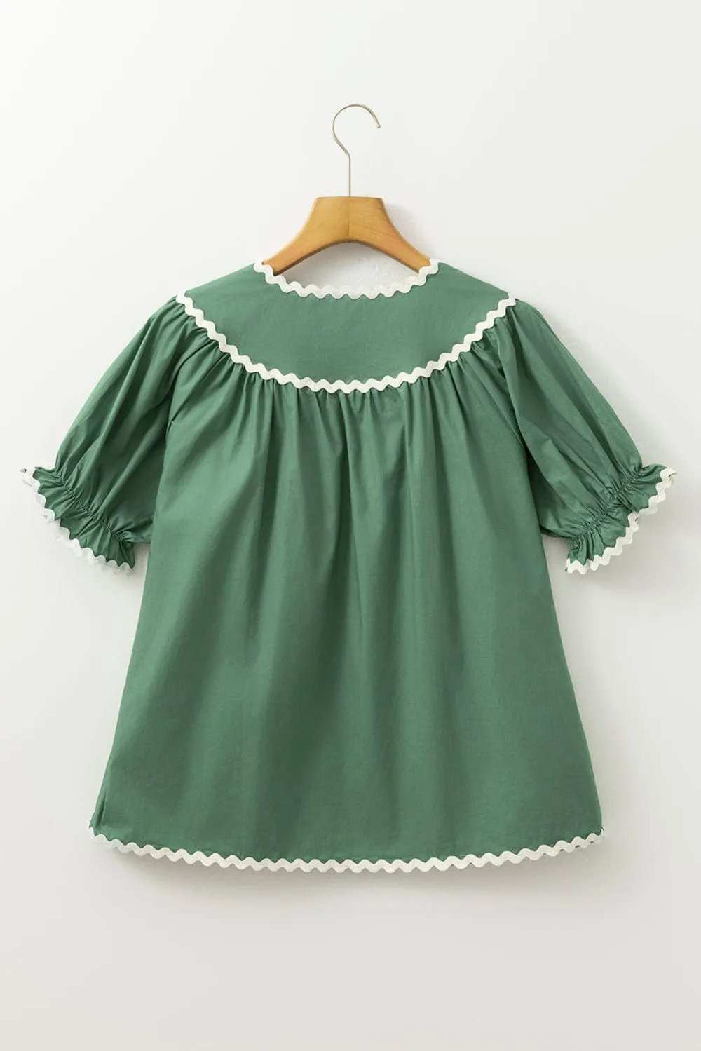 Ric Rac Trim Tie Neck Short Sleeve Blouse - Trendsi - Flyclothing LLC