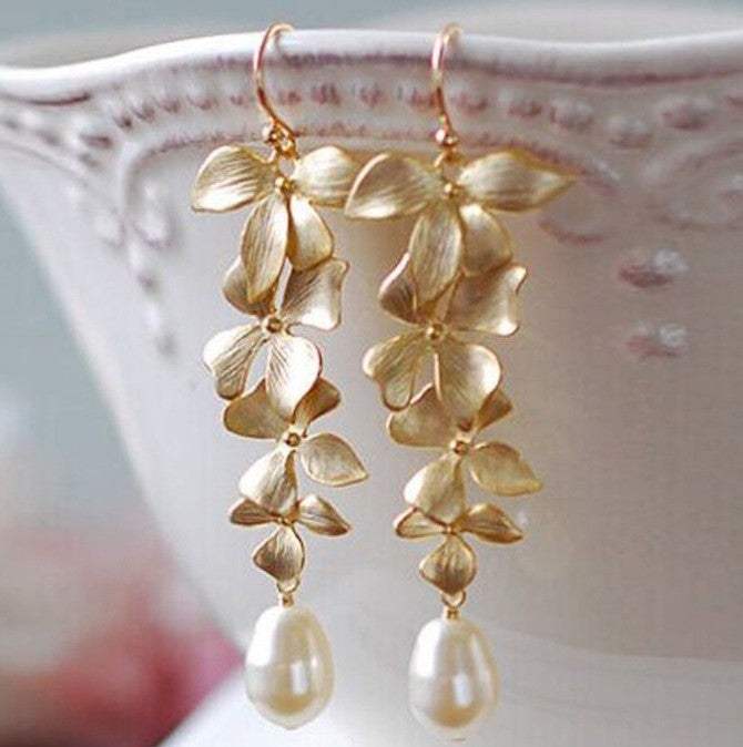Alloy Flower Synthetic Pearl Earrings - Trendsi - Flyclothing LLC