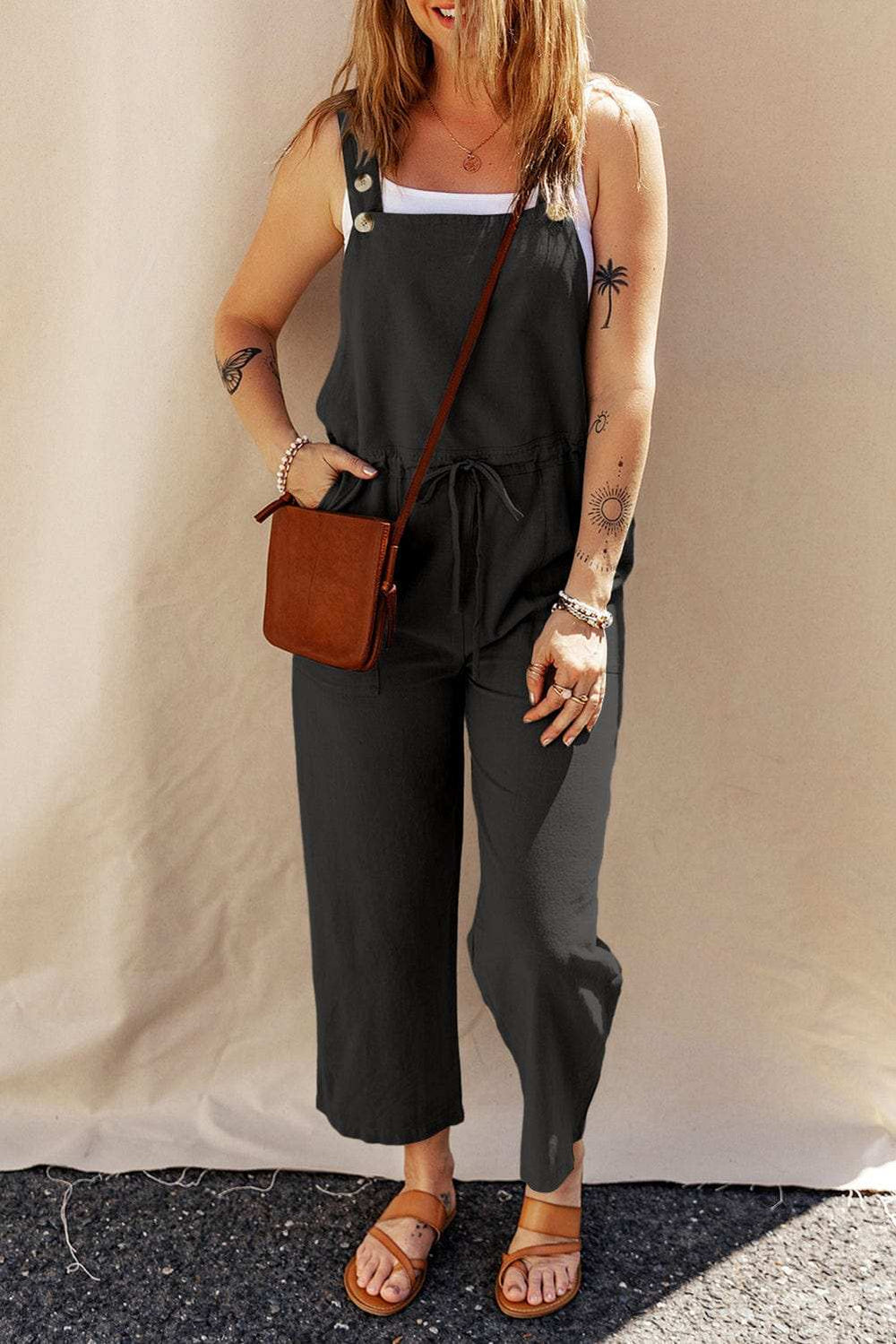 Drawstring Wide Strap Overalls with Pockets - Trendsi - Flyclothing LLC