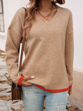 Devine Contrast Trim V-Neck Dropped Shoulder Sweater - Trendsi - Flyclothing LLC