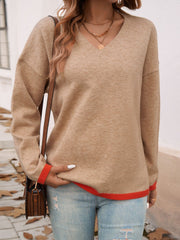 Devine Contrast Trim V-Neck Dropped Shoulder Sweater - Trendsi