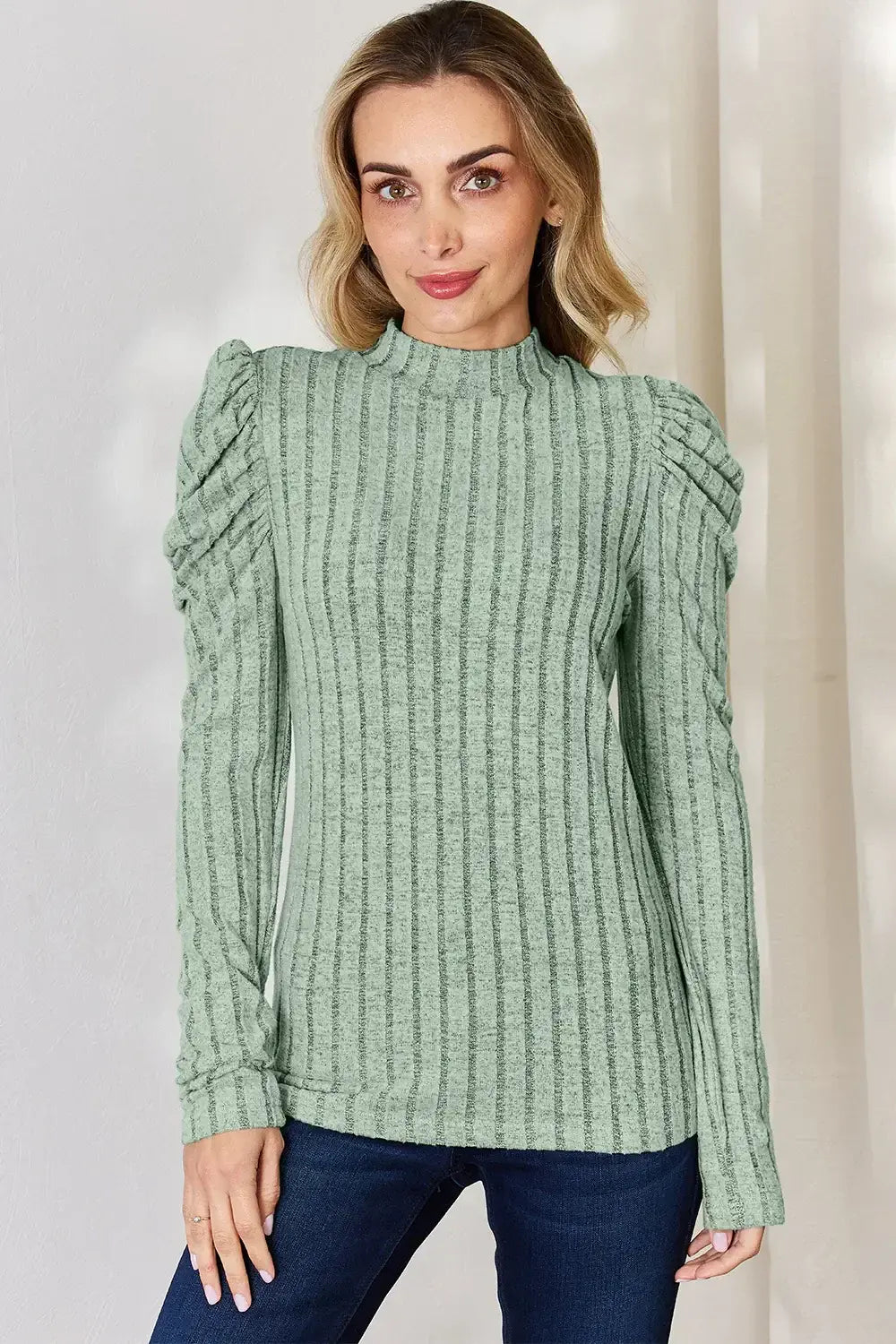Basic Bae Full Size Ribbed Mock Neck Puff Sleeve T-Shirt - ShopBasicbae - Flyclothing LLC
