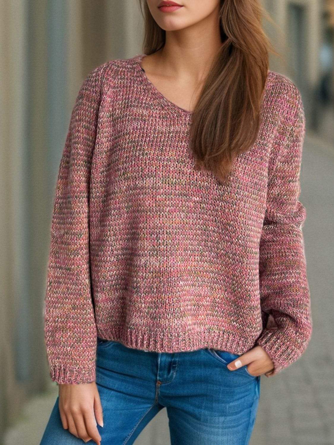 Heathered V-Neck Long Sleeve Sweater - Trendsi - Flyclothing LLC