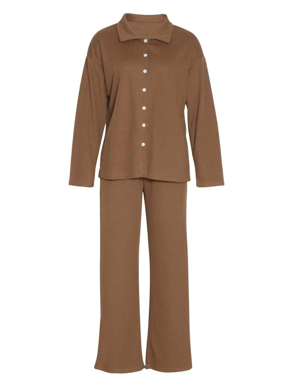 Collared Neck Long Sleeve Top and Drawstring Pants Set - Trendsi - Flyclothing LLC