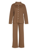 Collared Neck Long Sleeve Top and Drawstring Pants Set - Trendsi