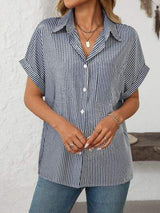 Mandy Pocketed Striped Collared Neck Short Sleeve Shirt - Trendsi - Flyclothing LLC