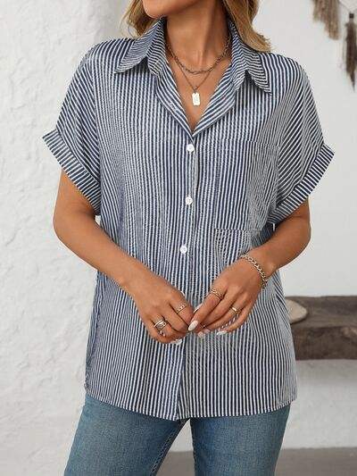 Mandy Pocketed Striped Collared Neck Short Sleeve Shirt - Trendsi - Flyclothing LLC