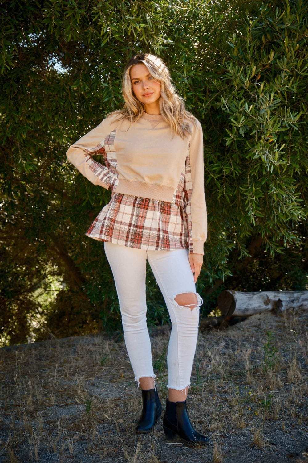 And The Why Full Size Double Layered Plaid Contrast Sweatshirt - Trendsi - Flyclothing LLC