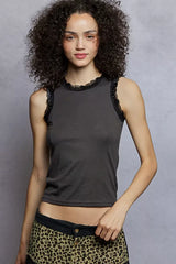 POL Round Neck Cropped Tank with Lace Trim - Trendsi - Flyclothing LLC