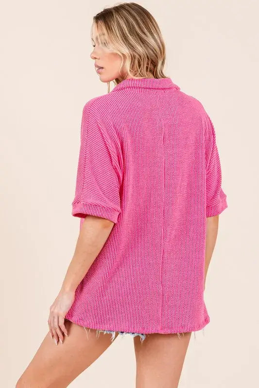 BOMBOM Ribbed Collared Neck Top - Trendsi - Flyclothing LLC