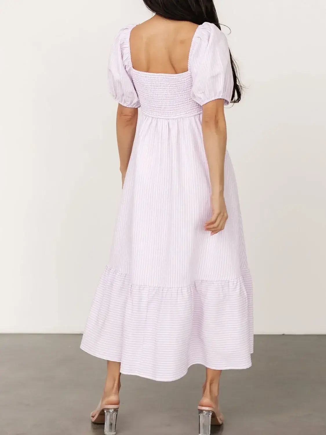Striped Sweetheart Neck Puff Sleeve Midi Dress - Trendsi - Flyclothing LLC