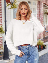 Dropped Shoulder Round Neck Long Sleeve Knit Top - Trendsi - Flyclothing LLC