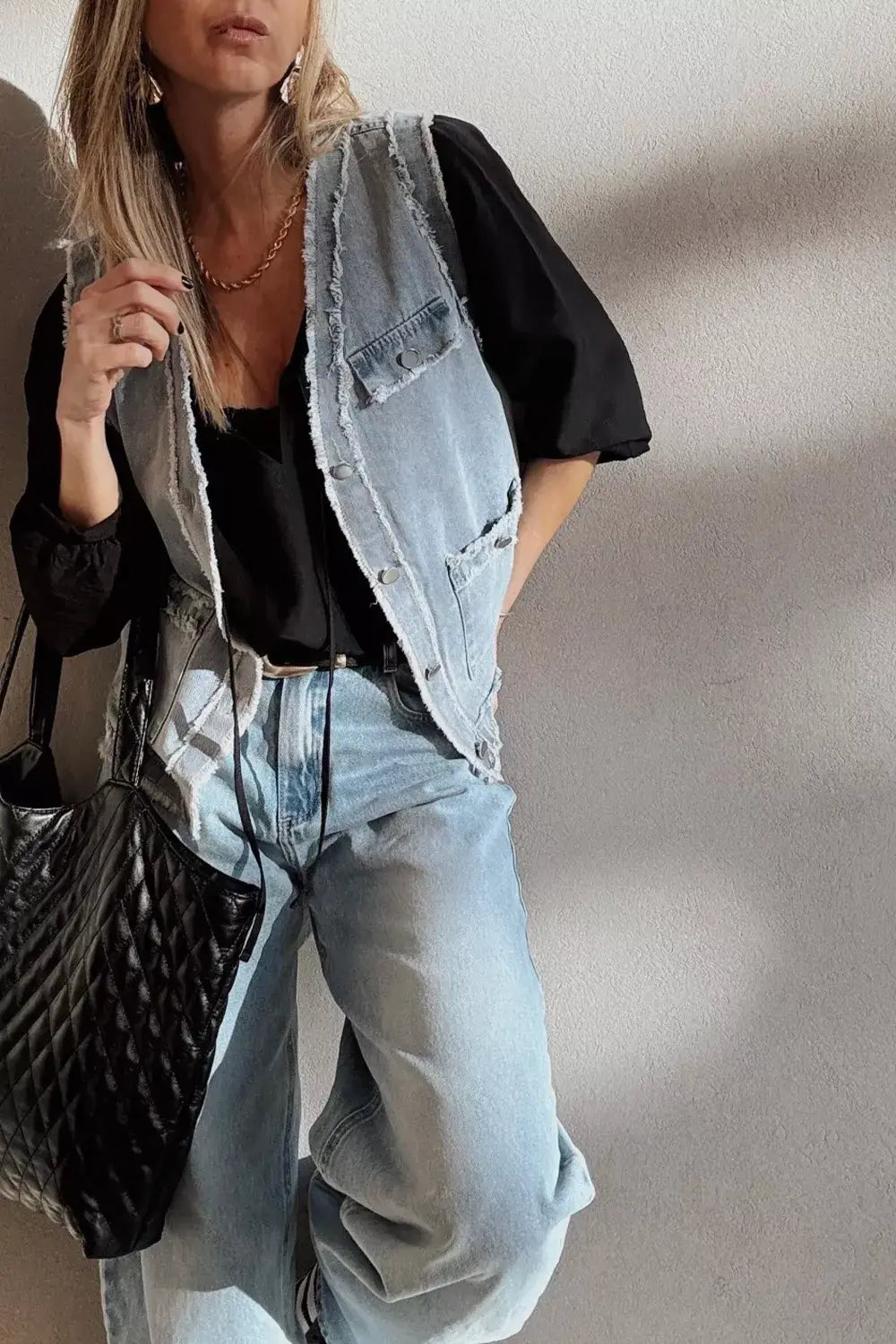 Frayed Edge Flap Pockets Denim Vest Jacket - Trendsi - Flyclothing LLC
