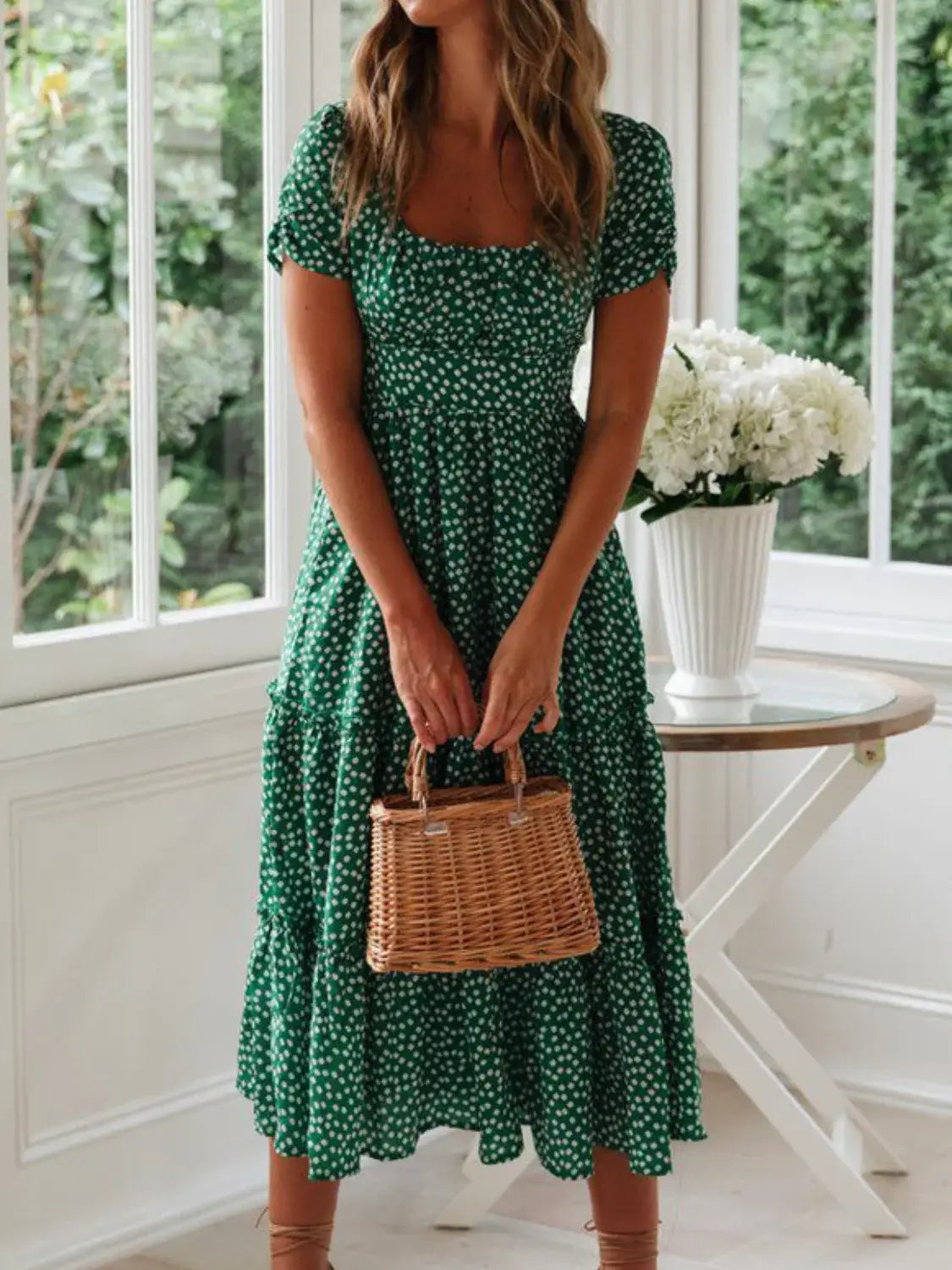 Printed Square Neck Short Sleeve Midi Dress - Trendsi - Flyclothing LLC