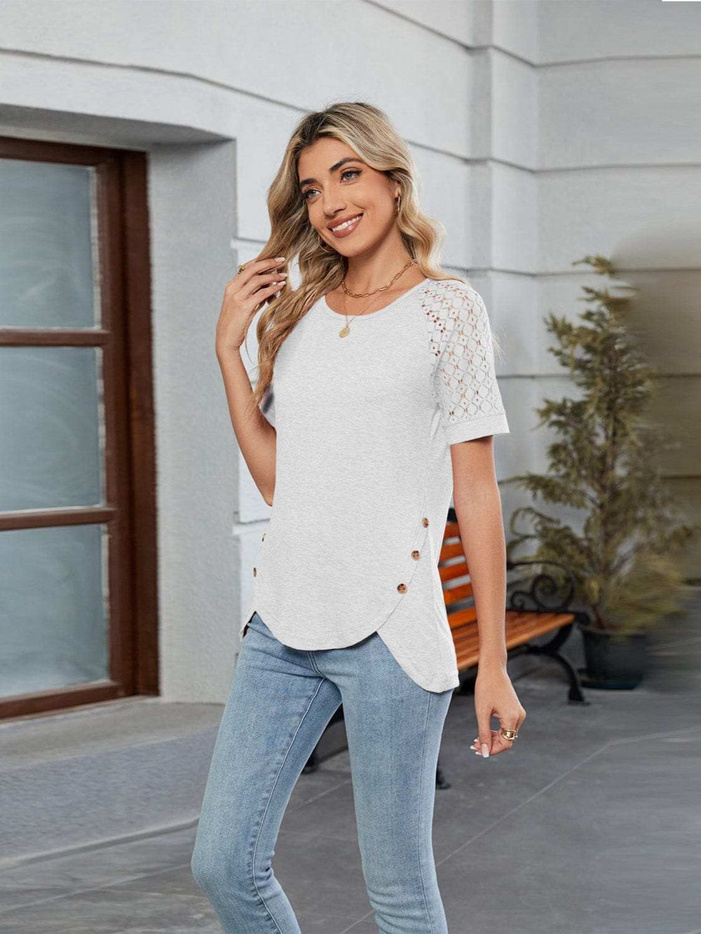 Round Neck Lace Short Sleeve T-Shirt - Trendsi - Flyclothing LLC
