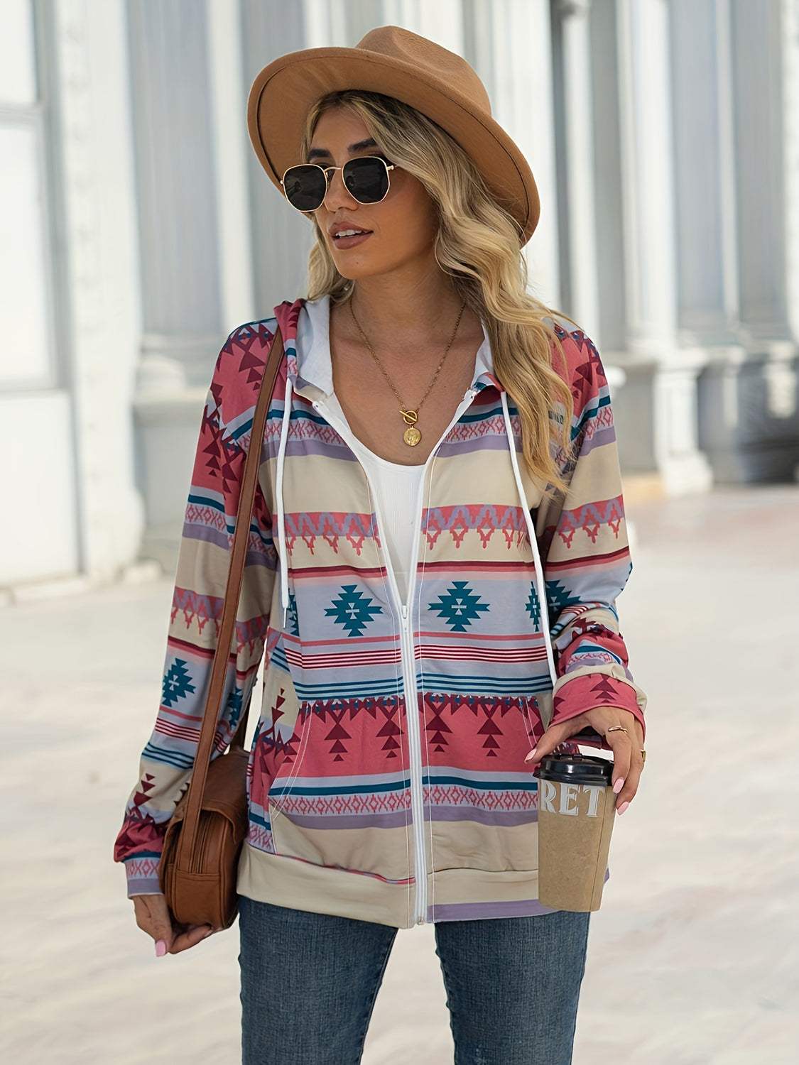 Geometric Zip Up Long Sleeve Hooded Jacket - Trendsi - Flyclothing LLC