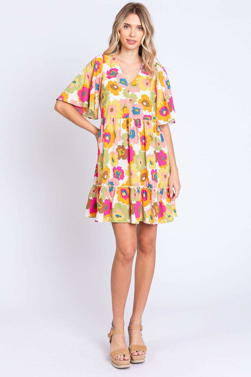 GeeGee Full Size Floral V-Neck Ruffle Trim Mini Dress - Trendsi - Flyclothing LLC