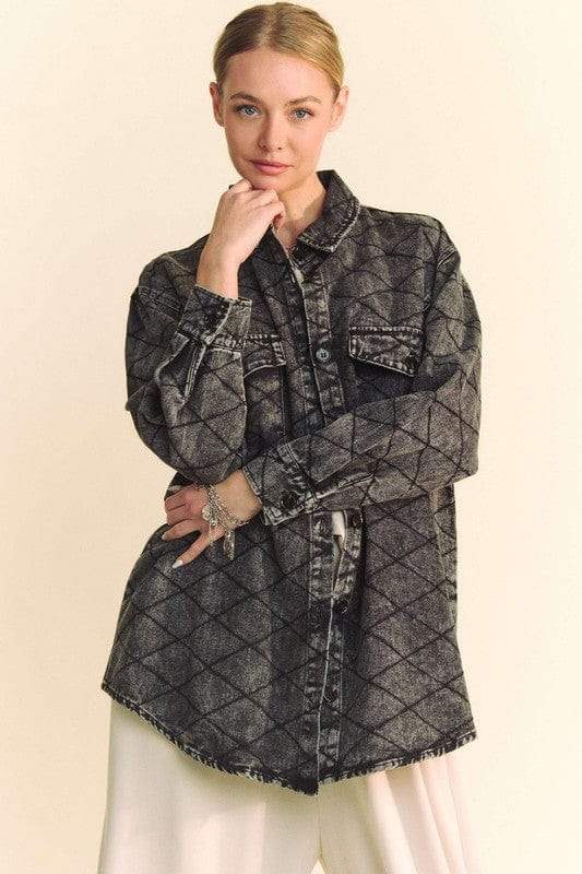 Davi & Dani Curved Hem Diamond Quilted Button Up Denim Shacket - Trendsi - Flyclothing LLC