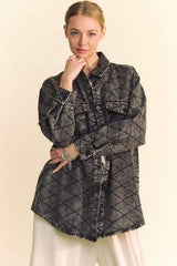 Davi & Dani Curved Hem Diamond Quilted Button Up Denim Shacket - Trendsi - Flyclothing LLC
