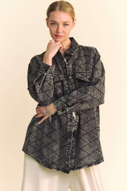 Davi & Dani Curved Hem Diamond Quilted Button Up Denim Shacket - Trendsi