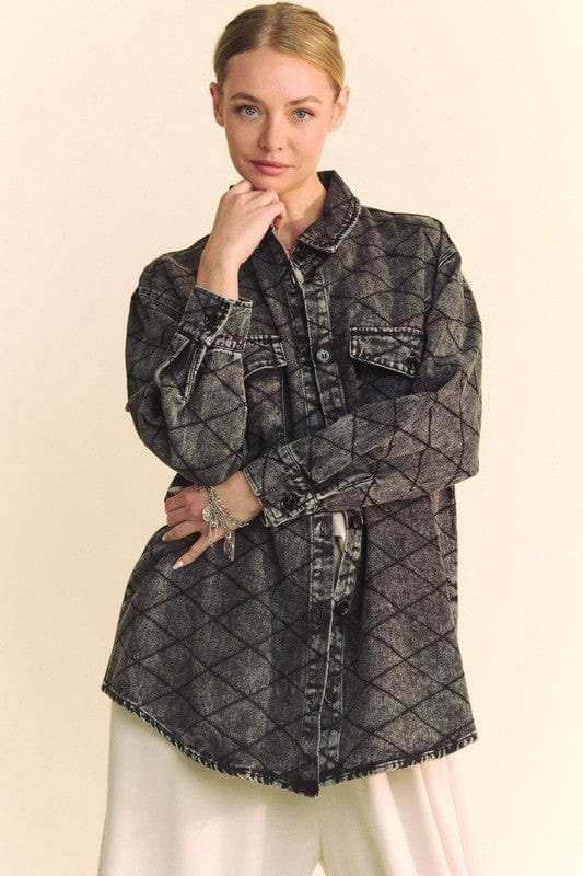 Davi & Dani Curved Hem Diamond Quilted Button Up Denim Shacket - Trendsi - Flyclothing LLC