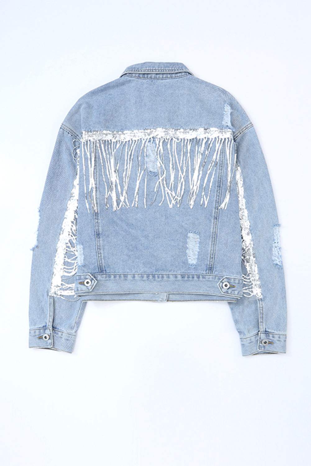 Sequin Fringe Trim Distressed Button Up Denim Jacket - Trendsi - Flyclothing LLC