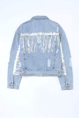 Sequin Fringe Trim Distressed Button Up Denim Jacket - Trendsi - Flyclothing LLC