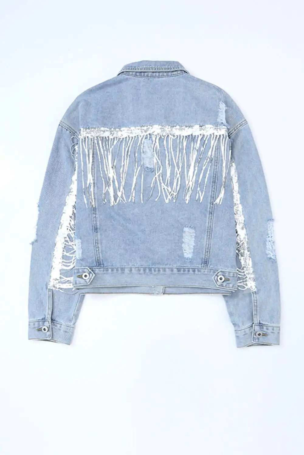 Sequin Fringe Trim Distressed Button Up Denim Jacket - Trendsi - Flyclothing LLC