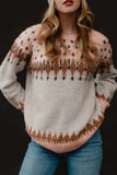 Geometric Contrast Round Neck Long Sleeve Sweater - Trendsi - Flyclothing LLC