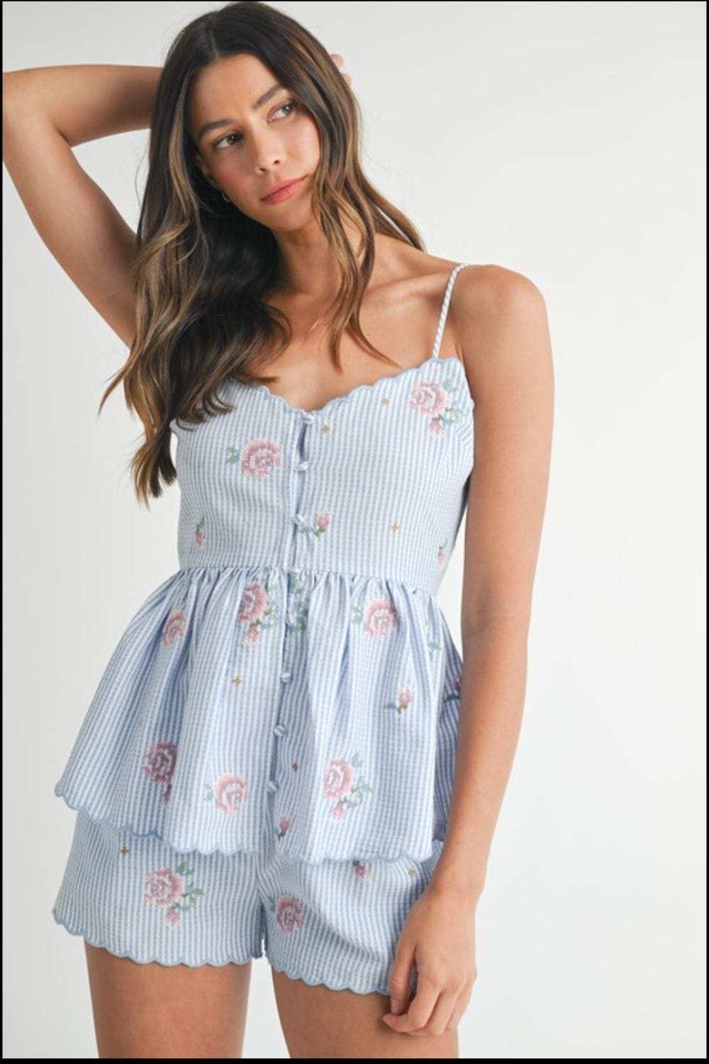 MABLE Stripe Embroidered Peplum Cami and Shorts Set - Trendsi - Flyclothing LLC