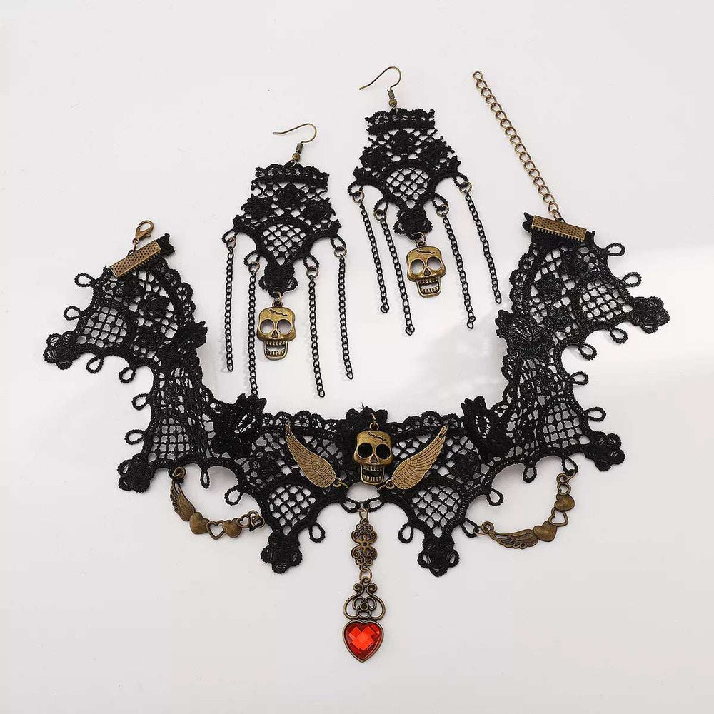 Halloween Lace Skull Necklace and Earrings Jewelry Set - Trendsi - Flyclothing LLC