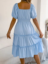 Square Neck Short Puff Sleeve Dress - Trendsi - Flyclothing LLC