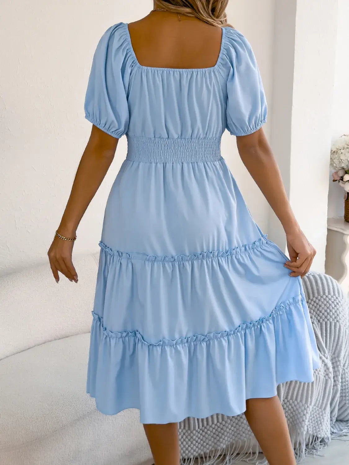 Square Neck Short Puff Sleeve Dress - Trendsi - Flyclothing LLC